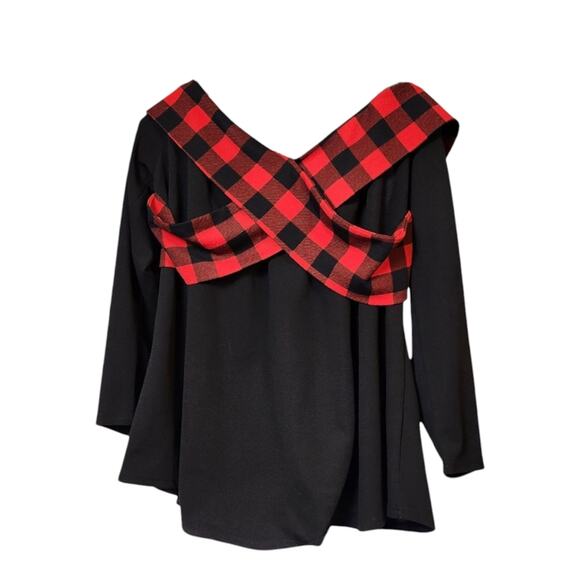 Rosegal Plus Size 2X Black Blouse with Red Plaid Detail – Statement Top - Picture 9 of 11